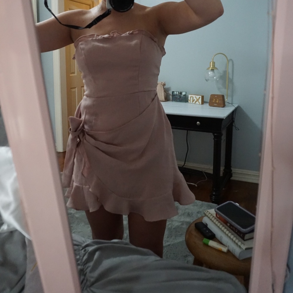 Pink strapless ruffle cocktail dress